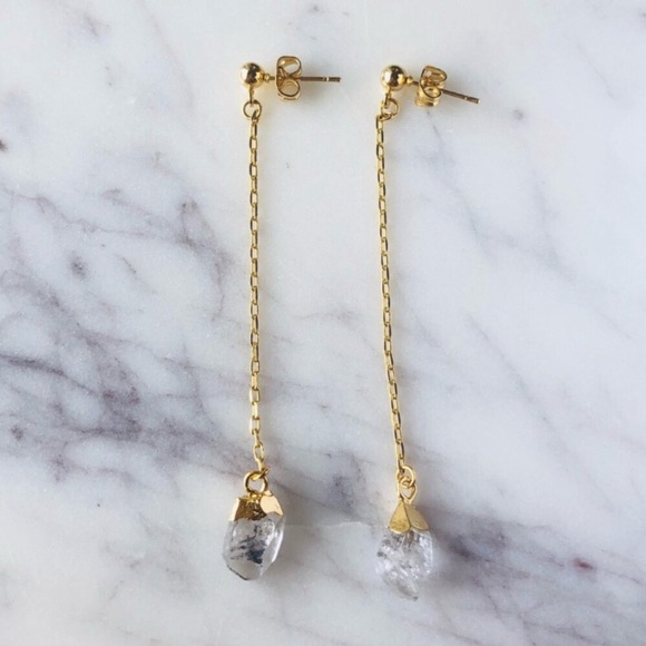 18K Gold Plated Herkimer Charm Chain Stud Earrings - Picture 1 of 5